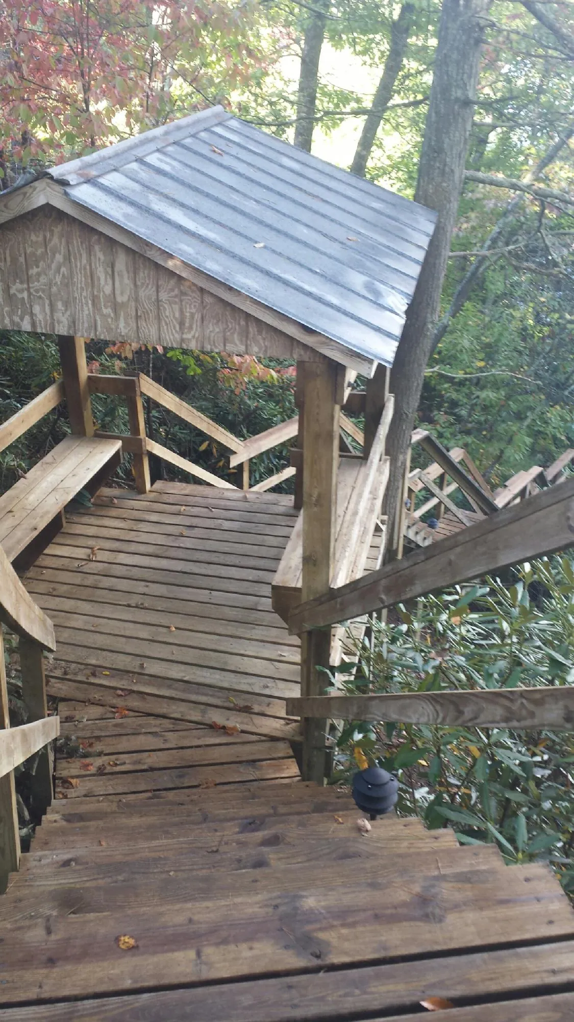 Metal roofed shelter over wooden steps on a wooded walkway — Skylight Repair & Installation work by our crew in Beavertown